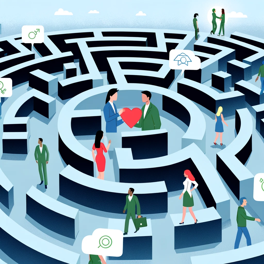 Ein Bild, das die komplexe Reise der Liebe in der modernen Zeit veranschaulicht und eine vielfältige Gruppe von Menschen zeigt, die sich durch die Feinheiten des Datings navigieren.